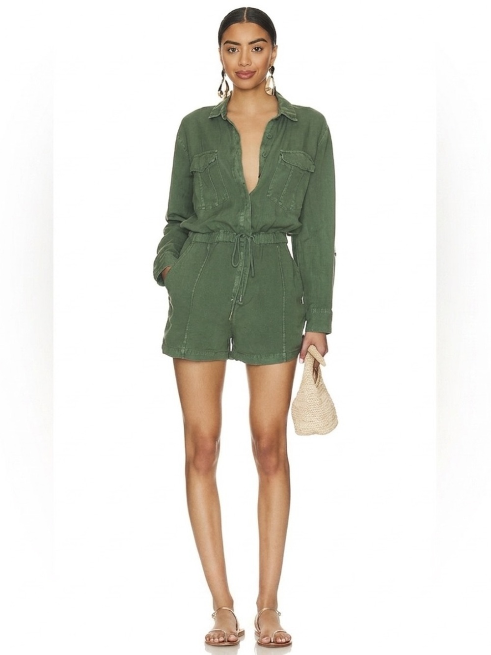 Young Fabulous & Broke YFB Linen Utility Lakeside Green Romper Shorts Pockets S